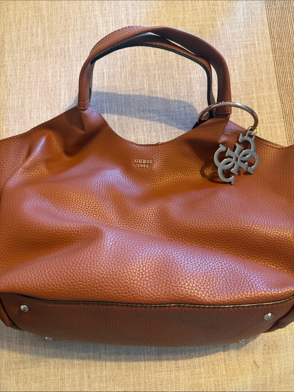 Guess Cognac Brown Pebbled Leather Tote with Logo Charm